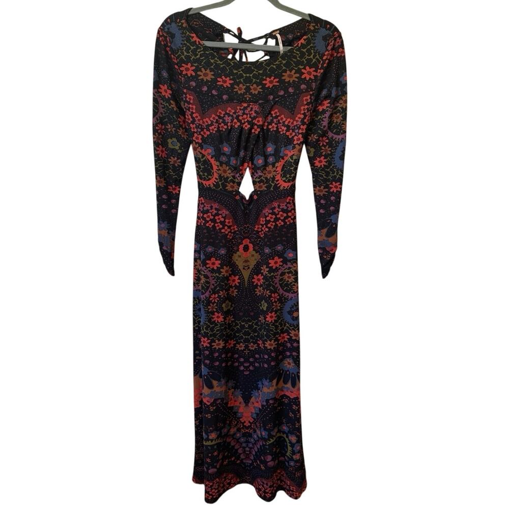 FREE PEOPLE Far Out Black Combo Maxi Dress Size Medium Dark Floral Cut Out Boho - Picture 2 of 13